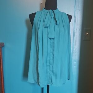 Worthington Teal Sleeveless Tie-Neck Pleated Tank